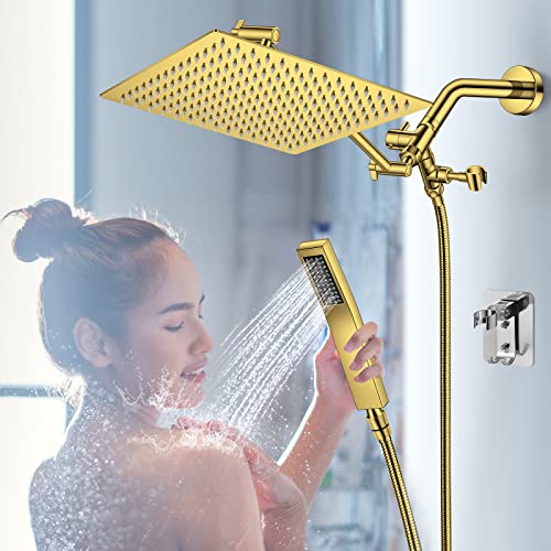 Hotqing 12 Inch All Metal Rain Shower Head With Handheld, High Pressure Dual Shower Head Combo With 15 Inch Adjustable Extension Arm, Shower Hose, 3-Way Diverter - Height/Angle Adjustable - Gold #TOP2