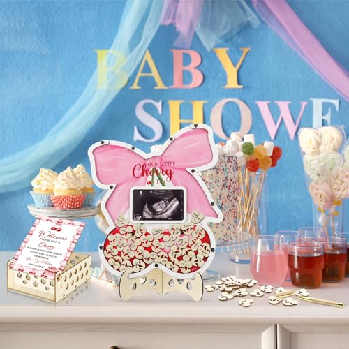 Image of Wenqik 63 Pcs Cherry Baby Shower Guest Book Alternatives Set Baby Shower Decorations with Photo Frame Sonogram Frame Keepsake 60 Wood Slices Guest Book for Birthday