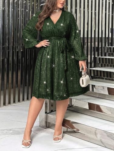 Image of RED DOT BOUTIQUE 876 - Plus Size Elegant Sheer Sleeve Dress with Waist Sparkle Chiffon Mesh Cocktail Dress