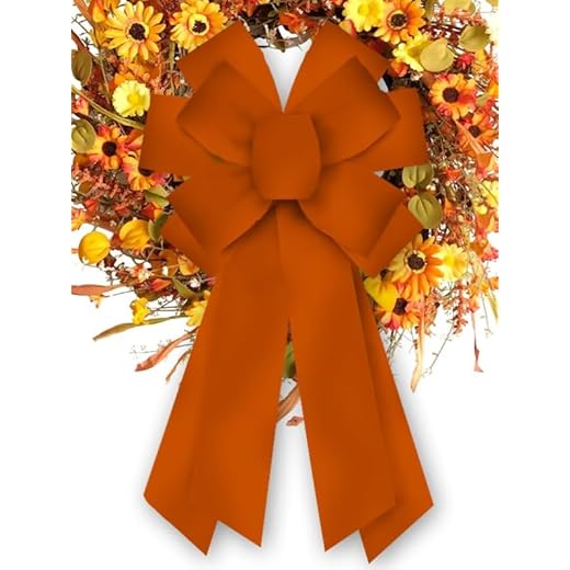 Large Thanksgiving Wreath Bow Fall Bows for Wreath Velvet Pumpkin Orange Bow for Thanksgiving Autumn Front Door Indoor Outdoor Tree Topper Harvest Decoration Supplies