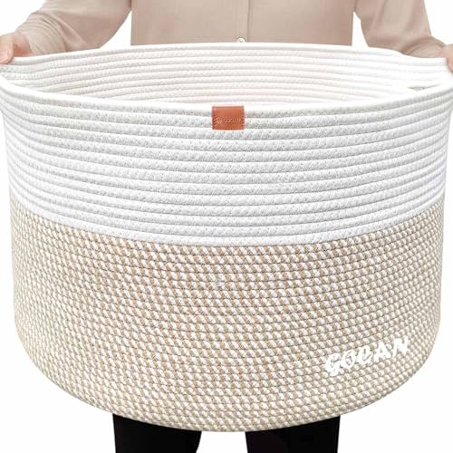 GOCAN Large Laundry Basket toy storage D55x35 blanket basket Cotton Rope Woven Baskets with Handles for Living Room (Brown/Beige) XXXL