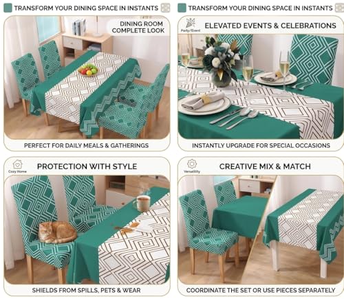 Image of Styleys Dining Chair Cover with Table Covers for Kitchen Waterproof Dining Table Cloth (1 Table Cover + 4 Chair Cover, Green Abstract, K732)