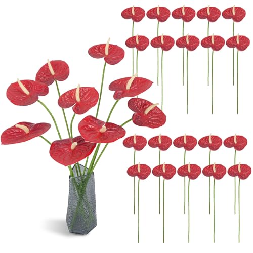 MHMJON 20 Pcs Faux Anthurium Artificial Flowers 23.6 Inch Red Fake Tropical Flowers for DIY Vase Bouquets Centerpiece Arrangements Wedding Bridal Shower Party Home Dcor