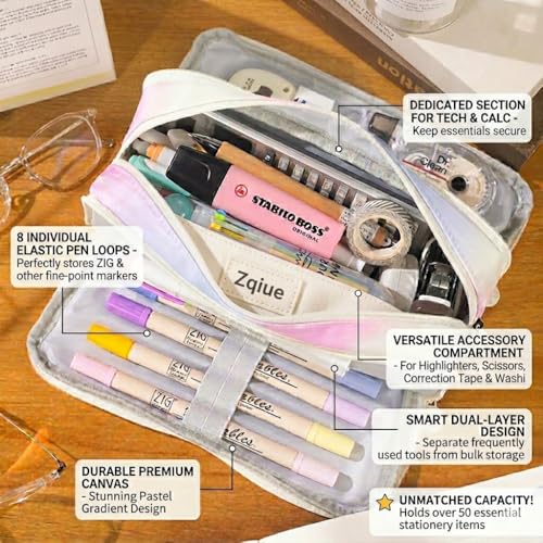 Image of Zqiue Large Pencil Case 3 Compartments Pencil Pouch Big Capacity Pencil Bag Oxford Stationery Storage Pen Bag Cosmetic Makeup Pouch for Women