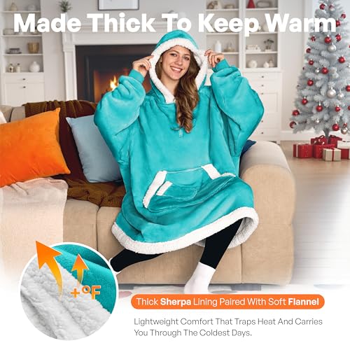 Image of Giggling Getup Wearable Blanket Hoodie for Women Men Gifts for Women Mom Wife Sherpa Fleece Hooded Blanket Sweatshirt Warm Cozy Sherpa Wearable Throw with Pocket & Sleeves for Adult Standard Aqua