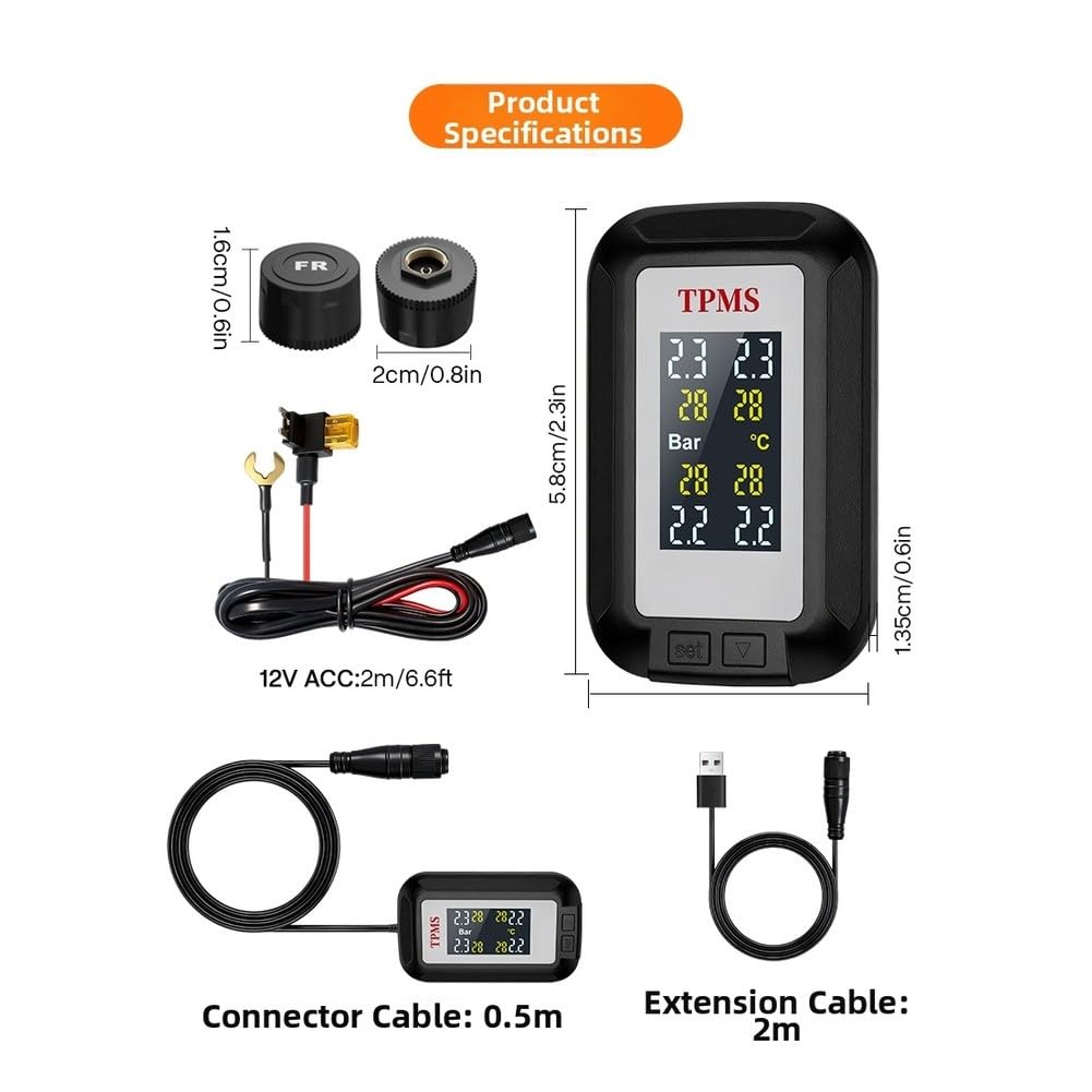 Bezprzewodowy monitor ciśnienia w oponach TPMS z podwójnym wyświetlaczem do samochodu, aplikacja przez USB 12 V ACC, wodoodporne czujniki zewnętrzne IP67, powiadomienia o wysokim/niskim