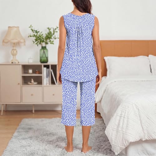 Image of Bestbee Women's Sleeveless Pajama Sets 2 Piece Sleepwear Summer Lounge Outfits Henley Tanks Capri Pants Ladies Pjs