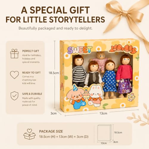 Sing2sky Wooden Dollhouse People Set - 5-Piece Poseable Family Figures (Father, Mother, Brother, Sister, Baby) - Forest-Style Montessori Pretend Play Dolls for Toddlers, Girls & Boys Ages 3+ - Image 7