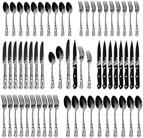 Stapava 48-Piece Black Silverware Set with Steak Knives, Stainles...