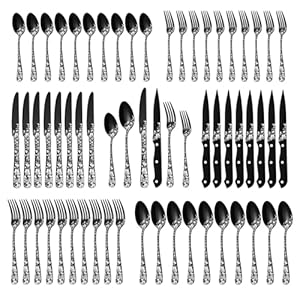Stapava 48-Piece Black Silverware Set with Steak Knives, Stainless Steel Cutlery Flatware Set for 8, Utensil Sets Include Forks Spoons and Knives for Home Kitchen, Mirror Polished, Dishwasher Safe