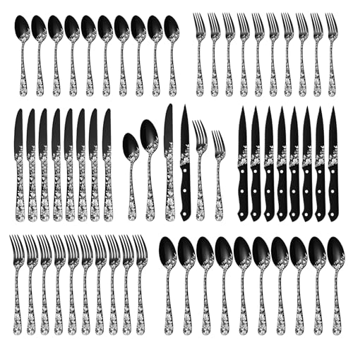 Stapava 48-Piece Black Silverware Set with Steak Knives, Stainless Steel Cutlery Flatware Set for 8, Utensil Sets Include Forks Spoons and Knives for Home Kitchen, Mirror Polished, Dishwasher Safe