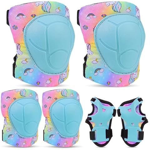 FIODAY Knee Pads for Kids Protective Gear Set Adjustable Kids Knee Pads and Elbow Pads with Wrist Guard for Girls Roller Skates Cycling Bike Skateboard Scooter Knee Pads, 3-8 Years,Aqua Cover