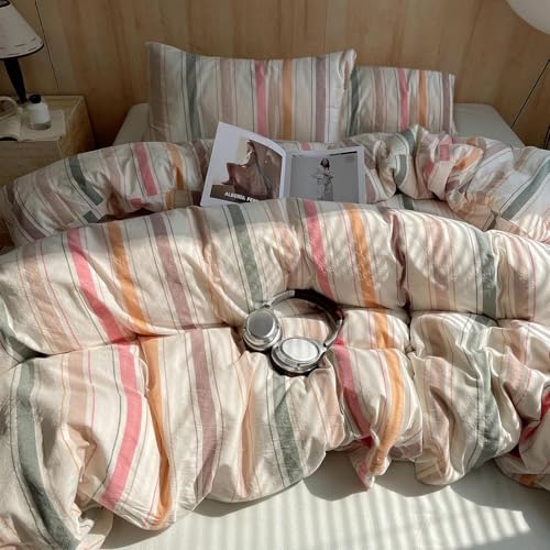 Image of VM VOUGEMARKET Multicolor Striped Duvet Cover Set King Washed Cotton Bedding Stripes Duvet Cover with 2 Pillowcases for Girls Women(Orange /Pink /Green /Coffee)