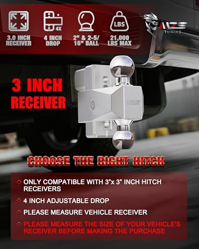Image of MZS Adjustable Trailer Hitch - Fits 3 Inch Receiver Hitch - 4-Inch Adjustable Drop Hitch - Heavy Duty Aluminum Tow Hitch for Truck(21,000 LBS GTW) Chrome