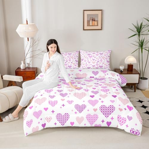 Image of Erosebridal Love and Heart Twin Bedding Set Cute Heart Pattern Comforter Set for Kids Girls Pink Purple Valentine Comforter Love Geometric Duvet Insert