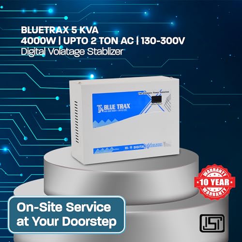 Image of BLUETRAX 5 KVA 4000W Voltage Stabilizer | 130V-300V | Hanging | Automatic Digital | for 2 Ton AC & 2HP Pump | ISI Certified | 10 Years Warranty | Grey