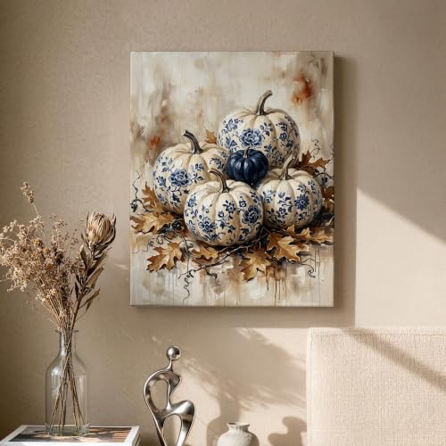 Lienzo de calabazas rústico para salón: arte otoñal azul de 16x20 pulgadas. 2