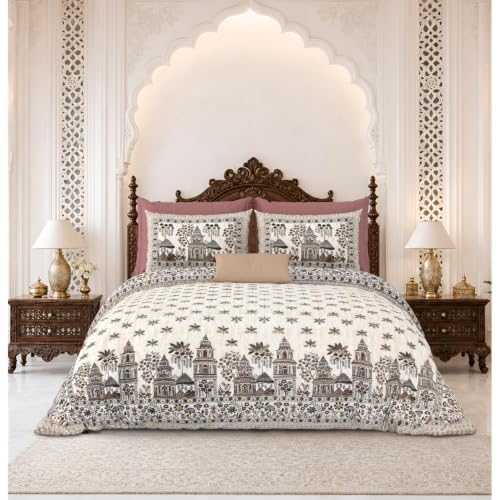 Image of 240 TC 100% Cotton Bedsheet for Double Bed King Size with 2 Pillow Covers | Breathable & Super Soft Rajasthani Sanganeri Jaipuri Printed Bed Sheet -108 * 108 Inches (Jaipur Heritage)