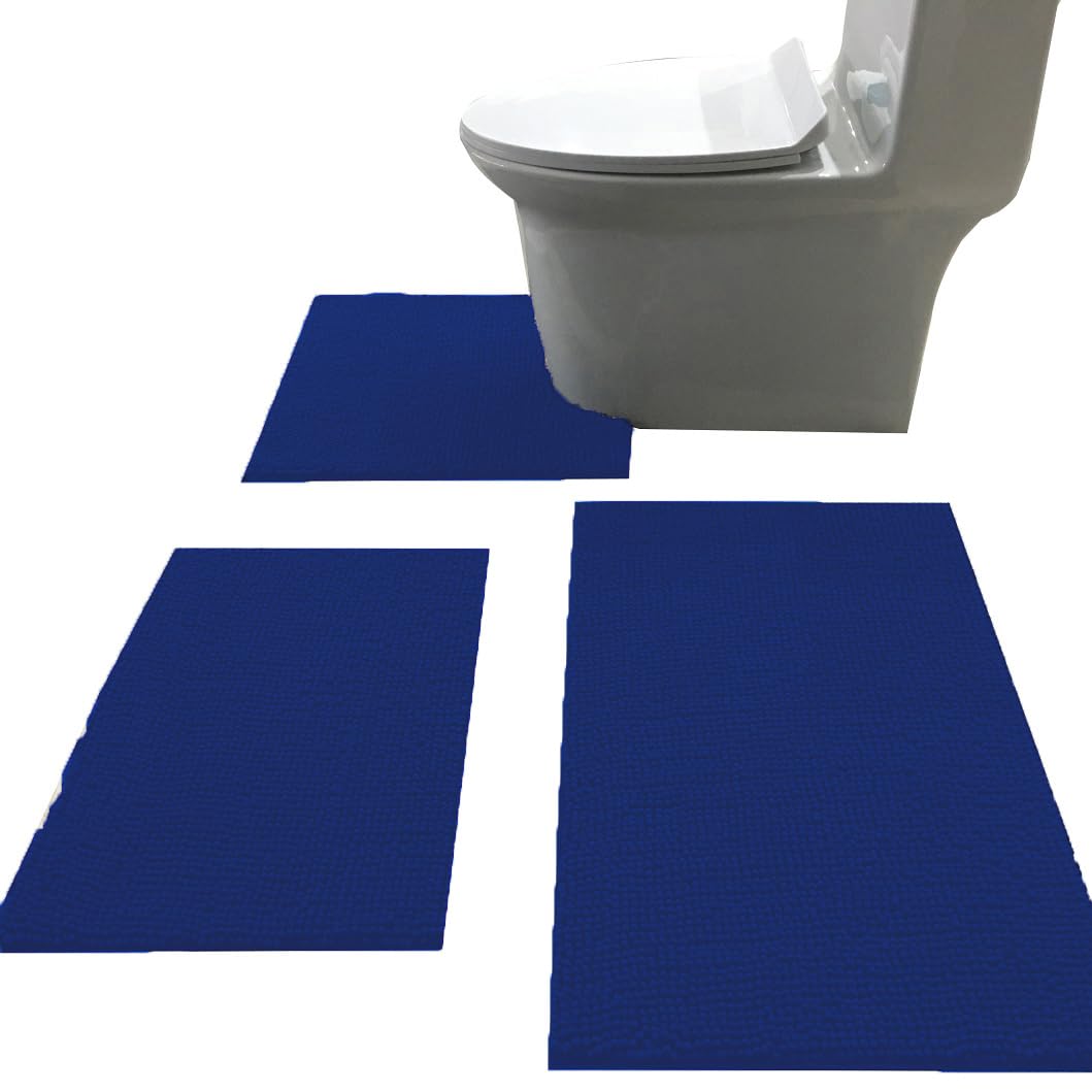 Madeals Set di 3 tappeti da bagno in ciniglia, morbidi e shaggy 2 tappetini da doccia e pavimento WC a forma di U, colore blu navy, set da 3 pezzi