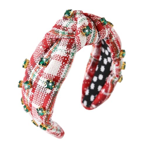 Gmmidea Christmas Pearl Knotted Headbands for Women Non Slip Rhinestone Jewel Headband Cross Knot Wide Ladies Embellished Headband Fancy Headpiece Hair Accessories Red Plaid-B
