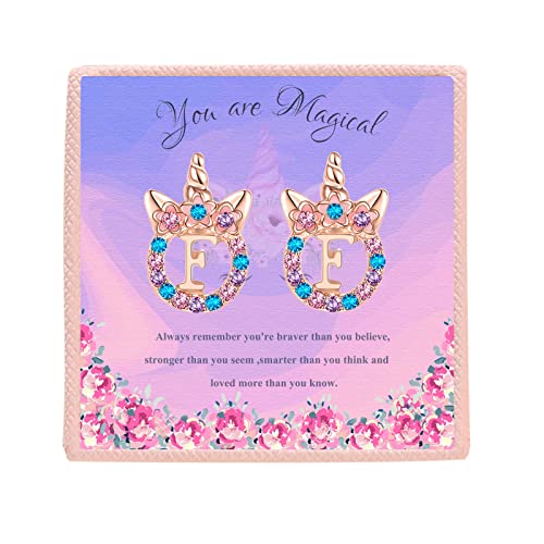Trwwell Cute Rose Gold Initial F Unicorn Hypoallergenic Stud Earrings Cz Rhinstone Initial Letter Stud Earrings Unicorns Jewelry Gifts For Girls #TOP1