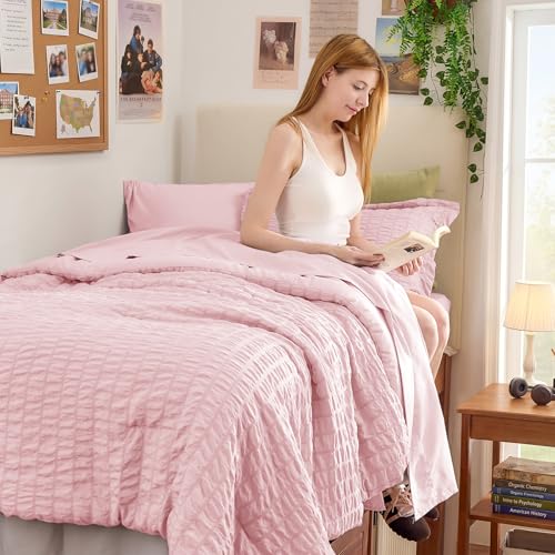Image of HYMOKEGE Pink Twin XL Comforter Set Seersucker 5 Pieces, All Season Luxury Bed in a Bag for Bedroom, Bedding Set with Comforter, Sheets, Pillowcase & Sham