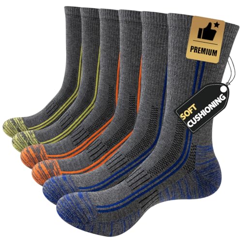 JOYNÉE 6 Pairs Mens Lightweight Crew Work Athletic Long Calf Cushioned High Boot Socks for Sports Running Hiking