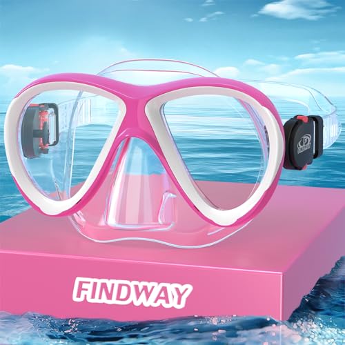 Findway Gafas Buceo Niño, Mascara Buceo Niños para 4,5,6,7,8,9,10,11,12 Años, Anti-Fugas Mascara Snorkel Rosa Rojo Blanco, Vidrio Templado Gafas de Natación Niños con Tapa de Nariz