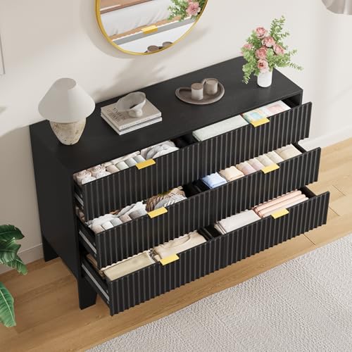 Image of Garvee 6 Drawer Dresser for Bedroom, 47 inch Wide Fluted Chest of Drawers with Metal Handle, Modern Wooden Dresser TV Stand, Clothes Storage Organizer Wood Closet for Hallway, Entryway, Black
