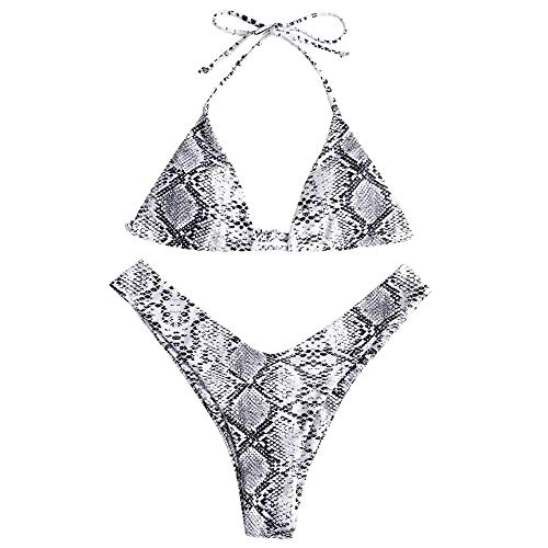 ZAFUL Women's Halter Bikini Swimsuit Snakeskin Leopard Two Piece Bikini Set Swimwear White