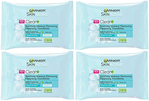 Garnier Clean+ Soothing Makeup Removing Cleansing Towelettes, 25 Count (Pack of 4)