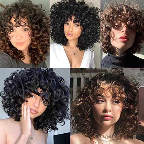 Leeven 12 Inch Afro Kinky Curly Wig with Bangs Short Curly Wigs for Black Women Synthetic Bouncy Curls Wig with Fringe Heat Resistant Black Curly Afro Wig