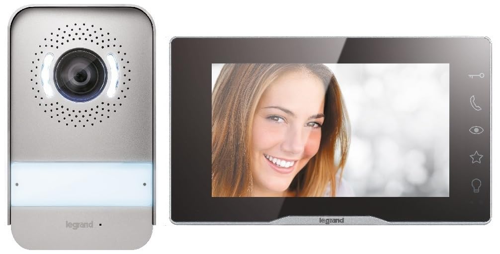 LEGRAND, EASYKIT Plus Video-Türsprechanlagen-Set mit 2-Draht-Anschluss, 7"-Farbmonitor-verspiegelt & Weitwinkelkamera, 1-/2-Familienhaus-Set, erweiterbar, Steckernetzgerät, IP54-IK07, Schwarz, 368910