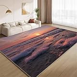 Teppich Wohnzimmer Wellen Und Strand 120x180cm,Sonnenuntergang Und Abenddämmerung rutschfest Kurzflor Teppich Minimalistisch Bettvorleger Teppiche für Schlafzimmer Büro Bereich Dekor