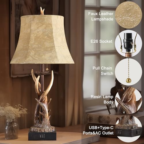 Bowobo Antler Table Lamps Set Of 2 With Usb A+C Ports For Bedroom Farmhouse Deer Rustic Bedside Lamps With Faux Leather Bell Shade For Living Room End Table Hunting Themed Cabin Lamp Pull Chain thumb #2