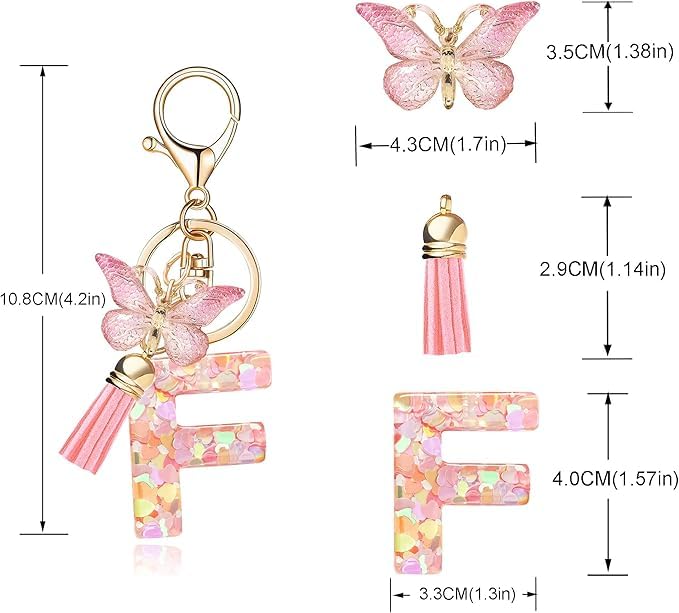 Image of GEOCARTER Lightweight Fashion Initial Letter Key Ring with Butterfly Pendant & Tassel, Stylish Purse Charm for Handbags, Car Keys, Gifts for Girls & Women