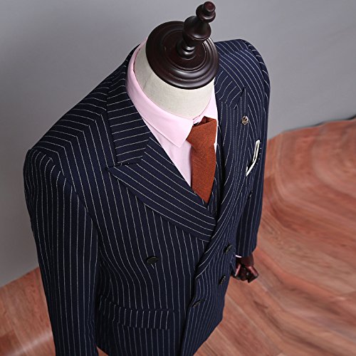 Mens 3 pcs Double Breasted Navy Blue with White Pinstriped 6 Buttons Slim Fit Suits Blazer Waistcoat Pants3