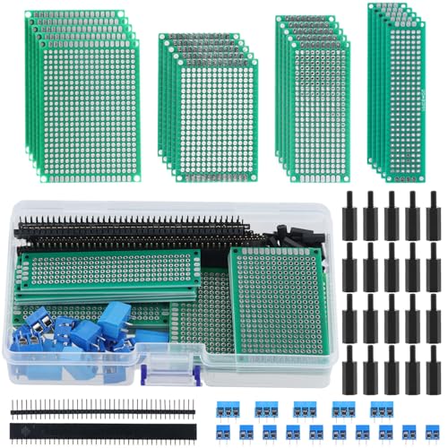 QWORK 75 Stück Leiterplattenset Doppelseitige Prototyp-Leiterplatten PCB Board Kit mit Stecker-/Buchsenleisten und Schraubklemmen