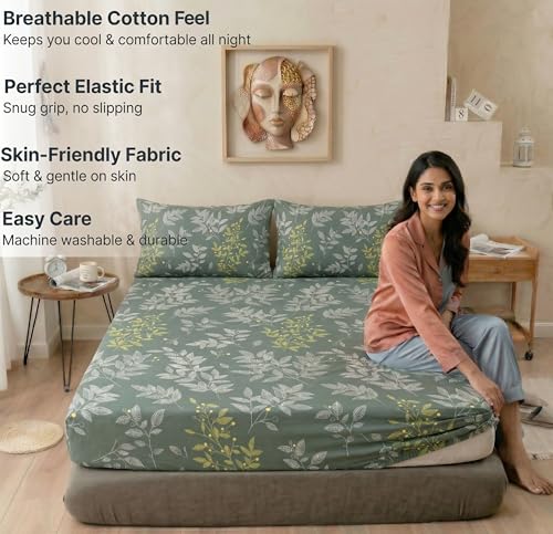 Image of VAS COLLECTIONS Cloud Cotton Corner Elastic Fitted Double Bedsheet Set (78 x 72 + 8 Inches) with 2 Pillow Covers | 160-180 TC Soft Breathable Cotton Fitted Sheet | Bed Sheet (Botanical Sage)