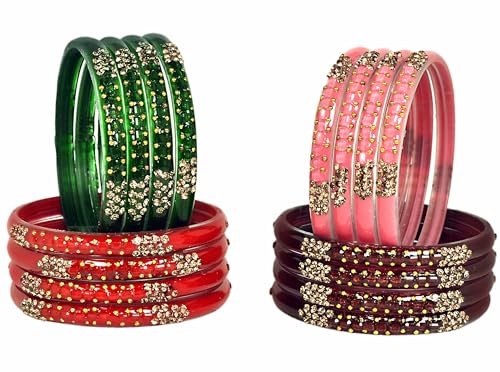 Image of Swara Creations Glass Bangles /Kadas for Women | Studded with Zircon & Golden dots |Fancy smooth finish Kadas | Red,Green,Mehrun,Pink Colors (16Pcs)(SKU296)