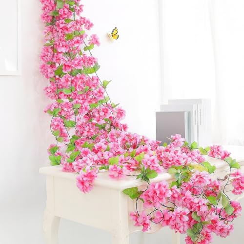 SATYAM KRAFT 2 Lines Artificial Cherry Blossom Rattan Flowers Vine | Hanging Garland for Wedding Decoration Items, Home Decor, Garden, Office, Wall, Mandir & Festival Setup (Dark Pink)
