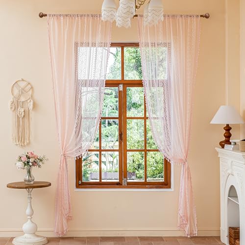 Image of MYSKY HOME Pink Sheer Lace Curtains 2 Panels 72 inch Length for Girls Room Nursery Boho Vintage Floral Crochet Pattern Privacy Rod Pocket Tassels Small Windows Curtains, Wide 55 inch, 2 PCs