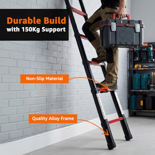 Image of Amazon Basics 4.4 m (14.45 ft) Compact Alloy Steel Telescopic Ladder | 15-Step Extendable & Foldable | Portable Multipurpose