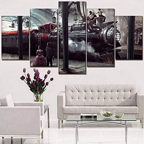 Djdasn 5 Piece Steampunk Train Poster Canvas Print Train Station Locomotive And People Painting Modern Home Decor Artwork 150*80cm（Frameless） Cafe study office Wall background living room Gym bar beds steampunk buy now online