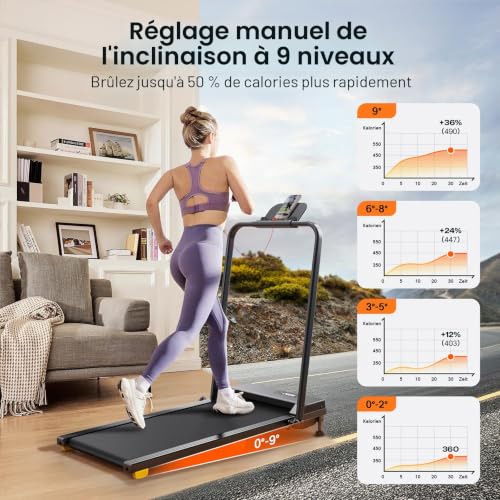 UREVO Tapis de course pour la maison avec une inclinaison de 9%, Tapis de course électrique pliable, Tapis de marche sous le bureau de 2,5 CV, mode HIIT à une touche, pour le bureau à domicile, aucun – vue 2