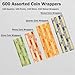 Volokitx 600Pcs Coin Wrappers, 150 Each for Quarters, Pennies, Dimes, Nickels, Assorted Striped, Standard Size for Banks, Stores & Offices
