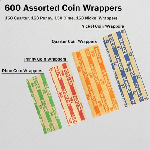 Image of 600 Pcs Coin Wrappers, 150 Each for Quarter, Pennie, Dime, Nickel