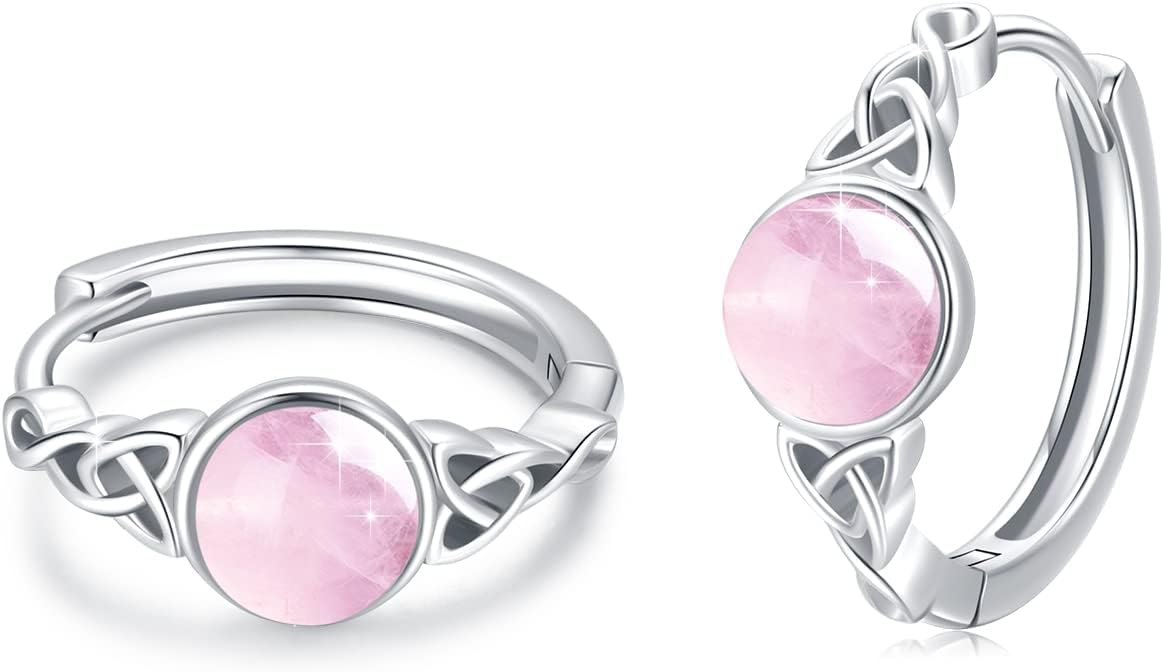 Celtic S925 Sterling Silver Gemstone Huggie Hinged Hoop Earrings - Irish Cartilage Small Hoops for Women