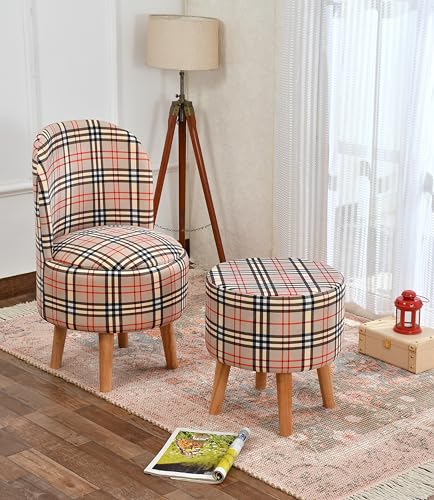 Image of NACIA Velvet Printed Ottoman Chair with Stool Combo | Dressing Table Chair for Bedroom Makeup Room Decor | Modern Upholstered Ottoman with Wooden Legs for Home (18x18x32 Inches, Cream Strip)