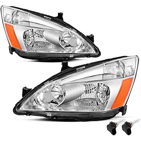 JSBOYAT Headlight Assembly Compatible with 2003-2007 Honda Accord Chrome Housing with Amber Reflector Passenger and Driver Side (Bulbs Included) Cover